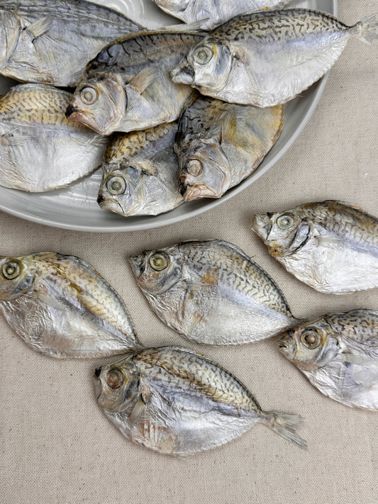 Close-up of whole dried ponyfish laid on a neutral fabric background, highlighting their flattened shape, intact fins, and silver-gold sheen.