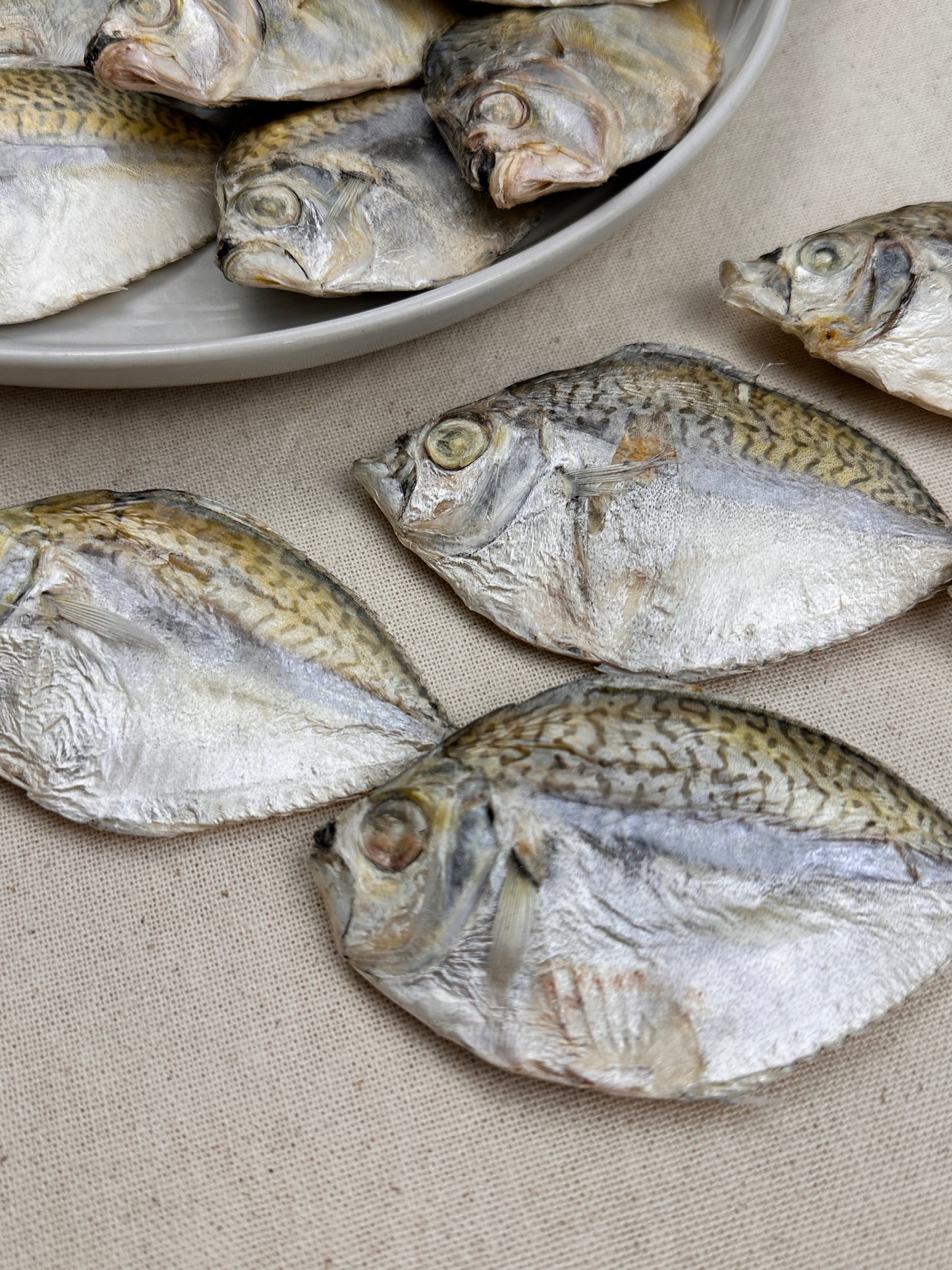 Top view of several whole freeze-dried ponyfish arranged on a white plate and beige linen surface, showing their silvery scales and natural markings.
